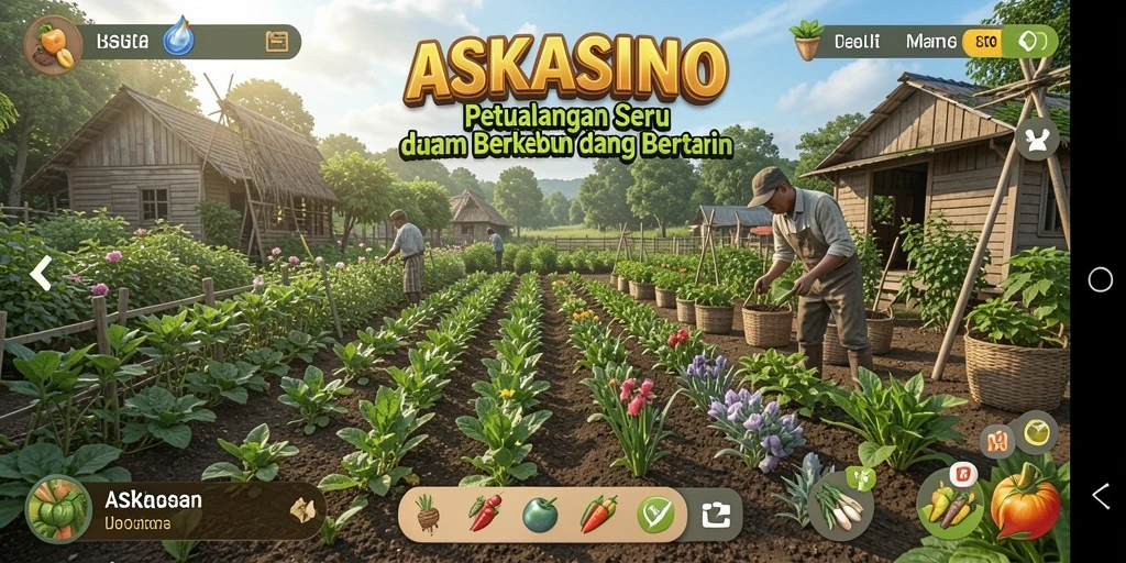 Screenshot gameplay ASKASINO menampilkan aktivitas bertani yang seru.