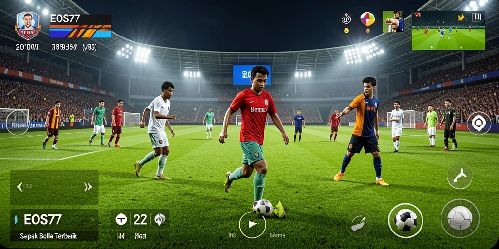 Screenshot utama EOS77 menampilkan serunya pertandingan sepak bola.