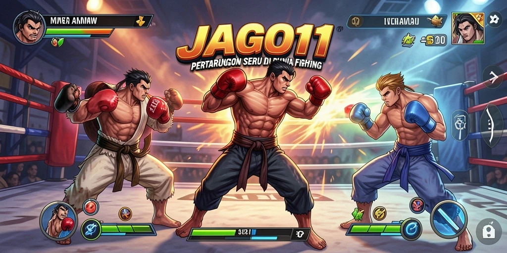 Tampilan gameplay JAGO11 dengan pertarungan yang intens dan karakter unik.