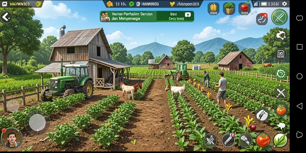 Tampilan gameplay <strong>MAXWIN303</strong> yang menampilkan aktivitas pertanian yang menyenangkan.