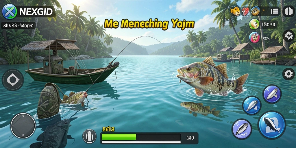 Tampilan gameplay NEXGID yang mendebarkan saat memancing di bawah laut.