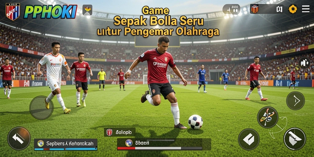 Tampilan gameplay PPHOKI dengan aksi pertandingan sepak bola yang mendebarkan.