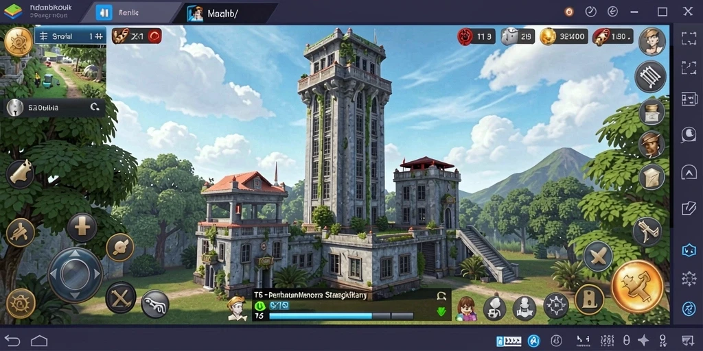 Screenshot gameplay T6 menampilkan menara pertahanan yang kokoh melawan gelombang musuh.